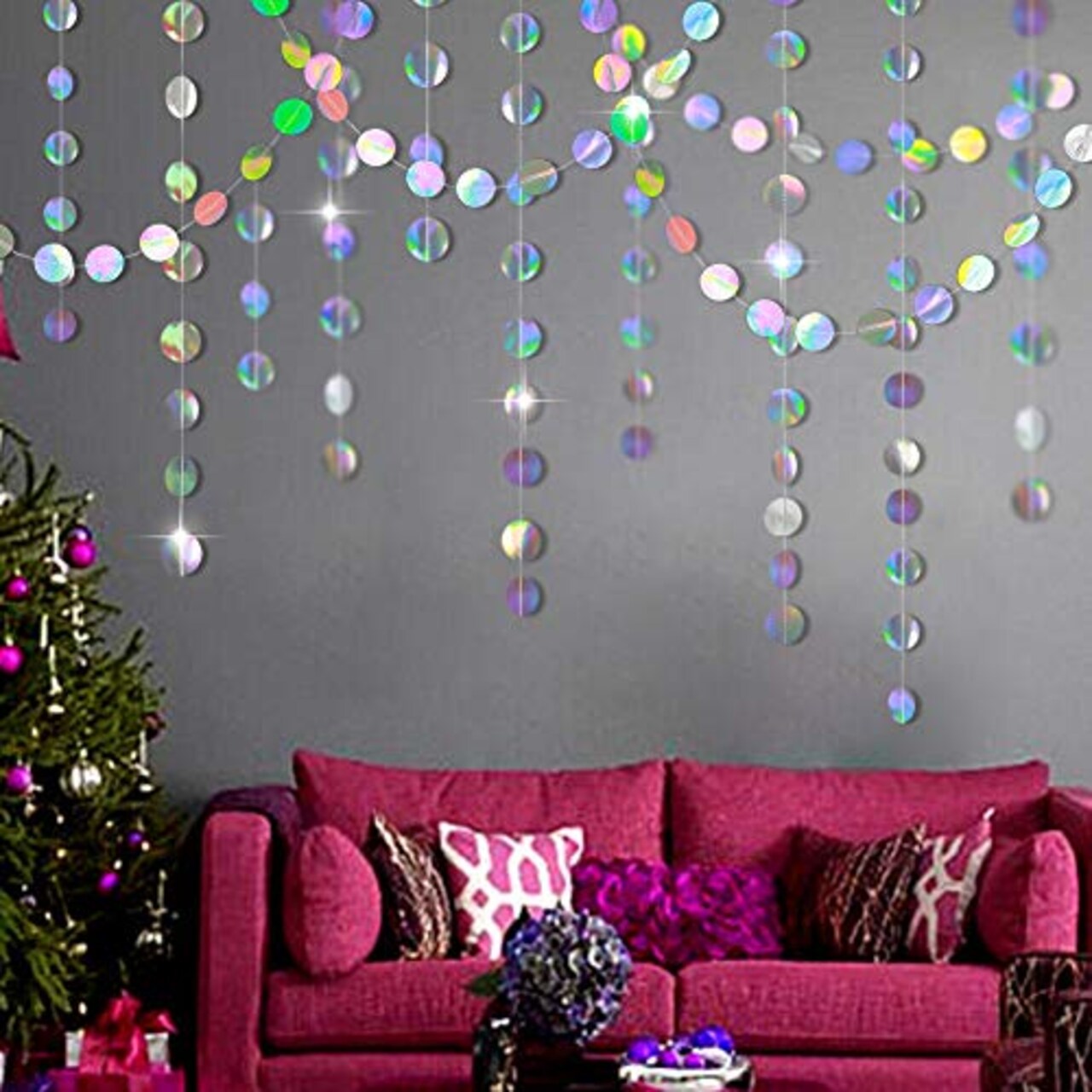Holographic Circle Garlands - Iridescent Party Supplies, Hanging Streamer Backdrop for Kids Unicorn, Mermaid Theme, Birthday Party, Baby Shower, Graduation, Wedding, Disco, and Bachelorette Party Decor